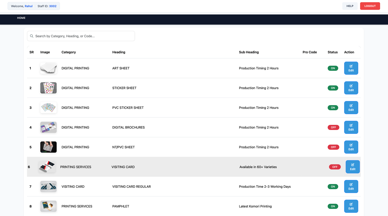 Product Control and CRUD Operations Management Screen